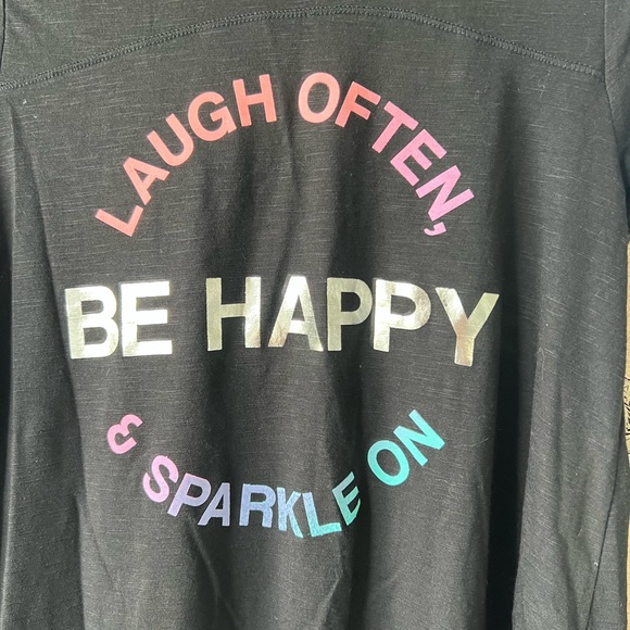 S0 girls black graphic tee ruched back laugh often Be Happy & sparkle on size 16 - Picture 2 of 7
